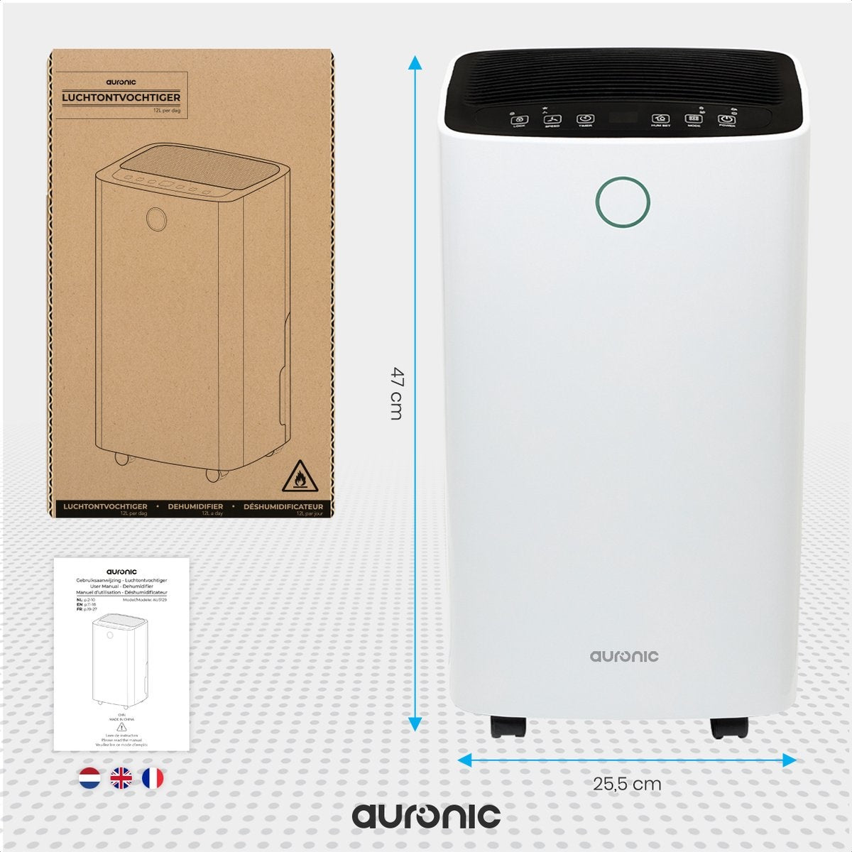 Auronic Luftentfeuchter - 12 Liter pro Tag - Wash-Dry-Funktion - 185 W - 30,5 x 26,5 x 52 cm - Weiß