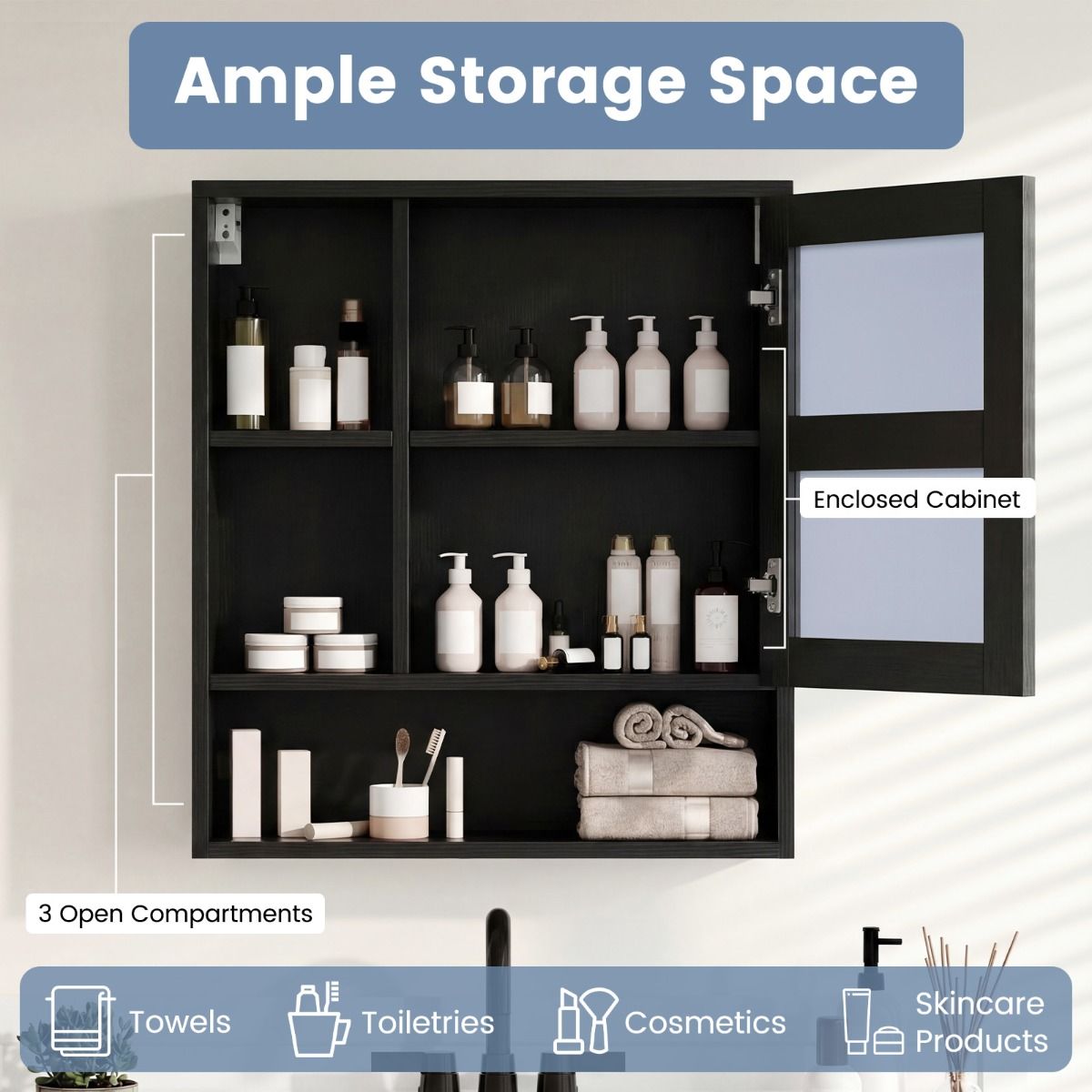 Coast Spiegelschrank Badezimmerschrank mit Spiegeltür – Schwarz – 56 x 16 x 61 cm