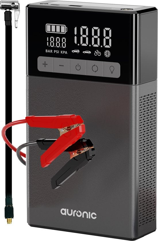 Auronic Jumpstarter - mit Kompressor - 12V - 1500A - 16.000 mAh - 6-in-1 Starthilfe - Inkl. Aufbewahrungstasche & Zubehör - Schwarz/Grau
