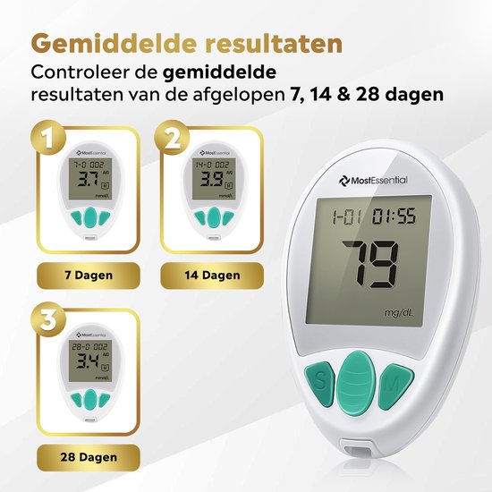MostEssential Premium Blutzuckermessgerät Starter Kit - Blutzuckermessgerät - Diabetes Messgerät - Alles in einem Set - Inklusive Aufbewahrungstasche, Stechhilfe, 10 Teststreifen & 10 Lanzetten
