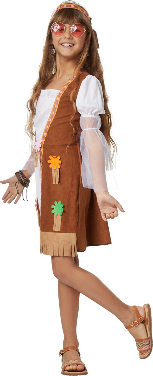 Dressforfun - Groovy Hippie Squaw - Mädchenkostüm mit kurzem Kleid, Weste in Wildlederoptik, Fransen und Stirnband für Karneval & Party - Größe 140 (9-10 Jahre)