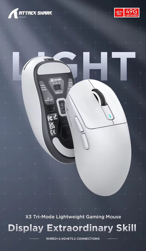 Attack Shark Gaming Maus X3 – 26000 DPI – Tri Mode 2.4G Bluetooth USB-C – 200 h Akku – Programmierbare Tasten – 49 g – Weiß