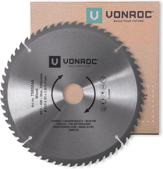VONROC Sägeblatt - 210mm - 60 Zähne - für Holz - geeignet für Tischsägen und Kappsägen