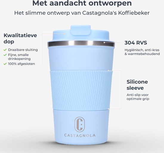 Castagnola Thermos Cup - Kaffeebecher To Go - Reisebecher für Kaffee und Tee - Teebecher - 380 ML - Edelstahl - Hellblau