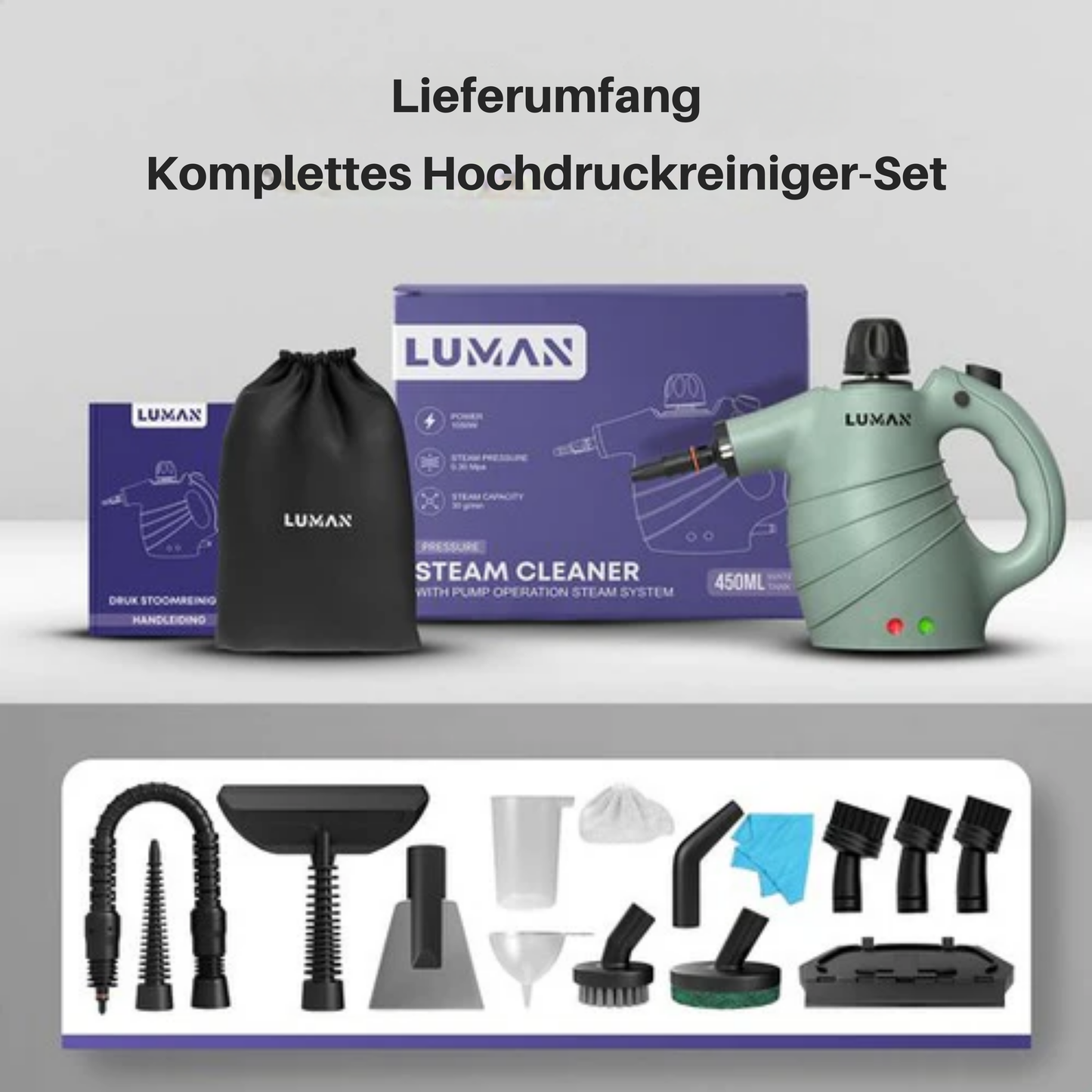 LUMAN 16-in-1 Dampfreiniger C1 - Handdampfreiniger - Fleckenreiniger - 1050 Watt - 450 ML - Grün