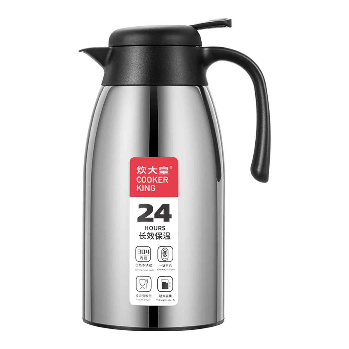 COOKER KING Thermoskanne für heißes Wasser – 2,2 Liter – Edelstahl 304 – Vakuumisolierung – Schwarz/Mehrfarbig