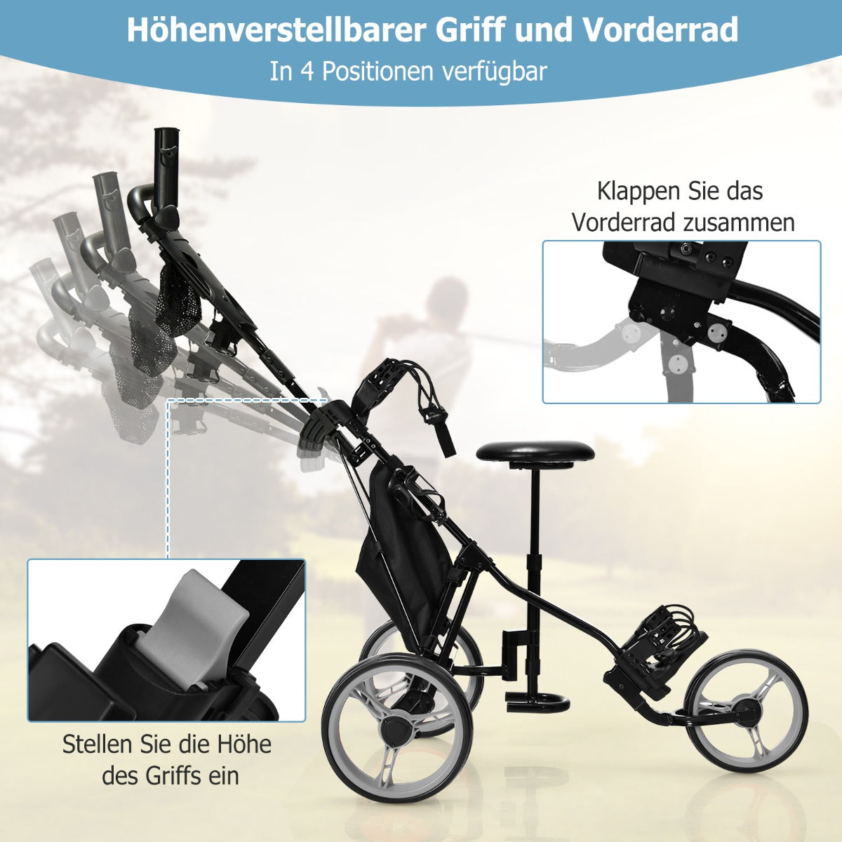 Coast Golf Trolley mit Schirmhalterung und Stuhl - 130 x 75 x 120 cm - Grau/Schwarz