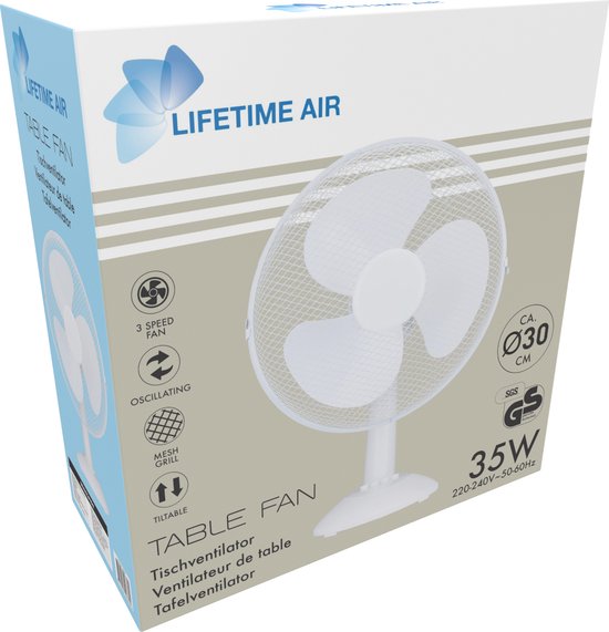 Lifetime Air Tischventilator 35W - Ventilator für Tisch und Schreibtisch - mit Griff, 3 Geschwindigkeiten und Kippfunktion - leise 65dB - Weiß