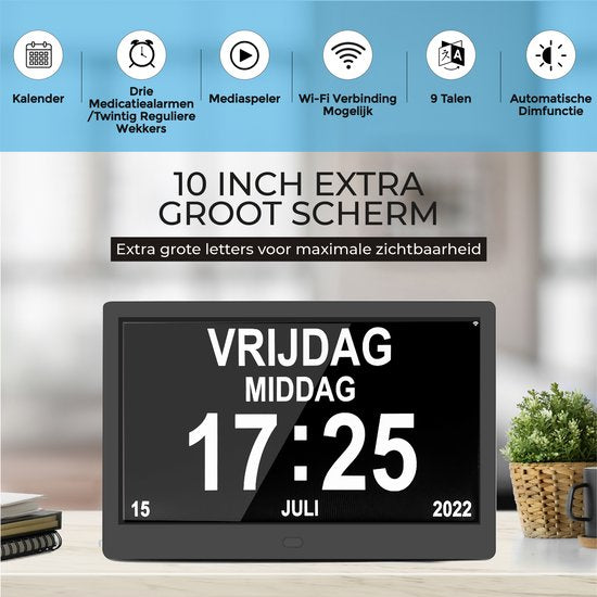 TTD® Demenz-Uhr XXL 10 Zoll mit extra langem Kabel - Kalenderuhr mit Tag, Datum & Wetter - Analog- & Digitalanzeige - 20 Alarme und 3 Medikamentenalarme - Wi-Fi - Für ältere Menschen, Sehbehinderte, Senioren und Alzheimer - Automatische Zeitsynchronisatio