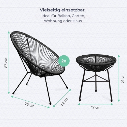 LifeGoods - Acapulco Bistro Set - 3-tlg. - Gartenset mit Beistelltisch - Schwarz