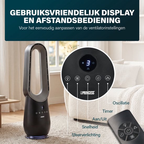 Princess blattloser Turmventilator – 70 W – mit Fernbedienung – Blattloser Ventilator – LED-Anzeige – 4 Geschwindigkeitsstufen – Schwenkbar – 351590