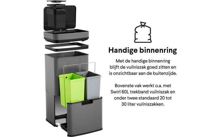 Homra - NEXO Mülleimer - 3 Fächer - 72 Liter (2x12 + 1x48 L) - mit Infrarotsensor - Edelstahl - Grau