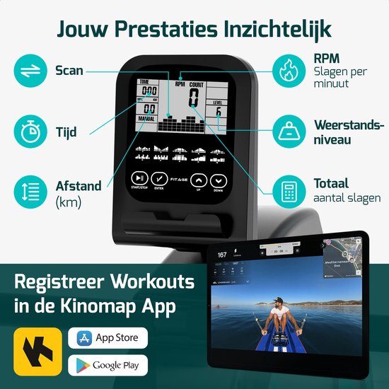 FITAGE Rudergerät - Rudergerät 16 Widerstandsstufen - Rudergerät mit Trainingsprogrammen und App - Rudertrainer - zusammenklappbar