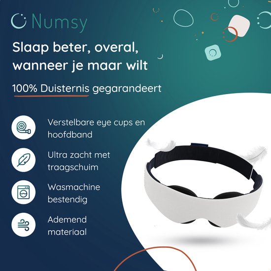 Numsy - Schlafmaske Frauen und Männer - Augenmaske Schlaf mit Memory Foam - 100% Dimmen - Hellgrau