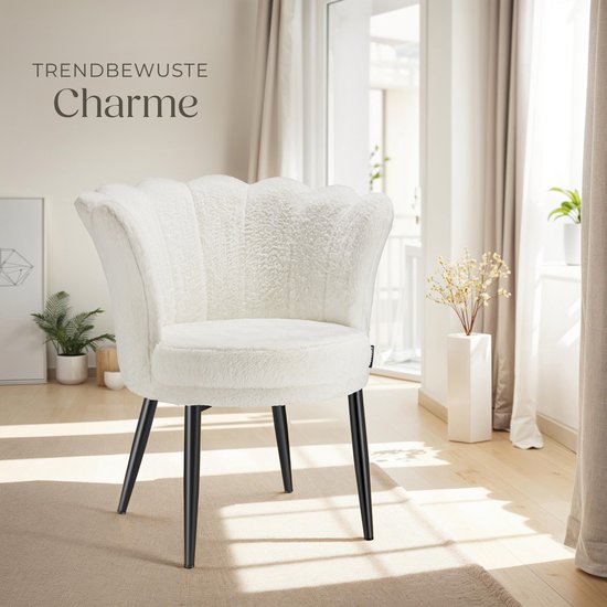 tectake® Sessel Stella - Sessel mit Armlehne - Bequemer Esszimmerstuhl - Küchenstuhl - Dick gepolstert - Für Wohnzimmer und Esszimmer - Mit Kunstfellbezug - creme/schwarz