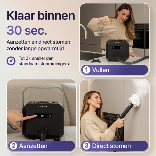 LUMAN Dampfreiniger MAX – 2600 W – 60 Min. Dampfsdauer – 2,5 l Wassertank – Handdampfreiniger & Teppichreiniger – Schwarz