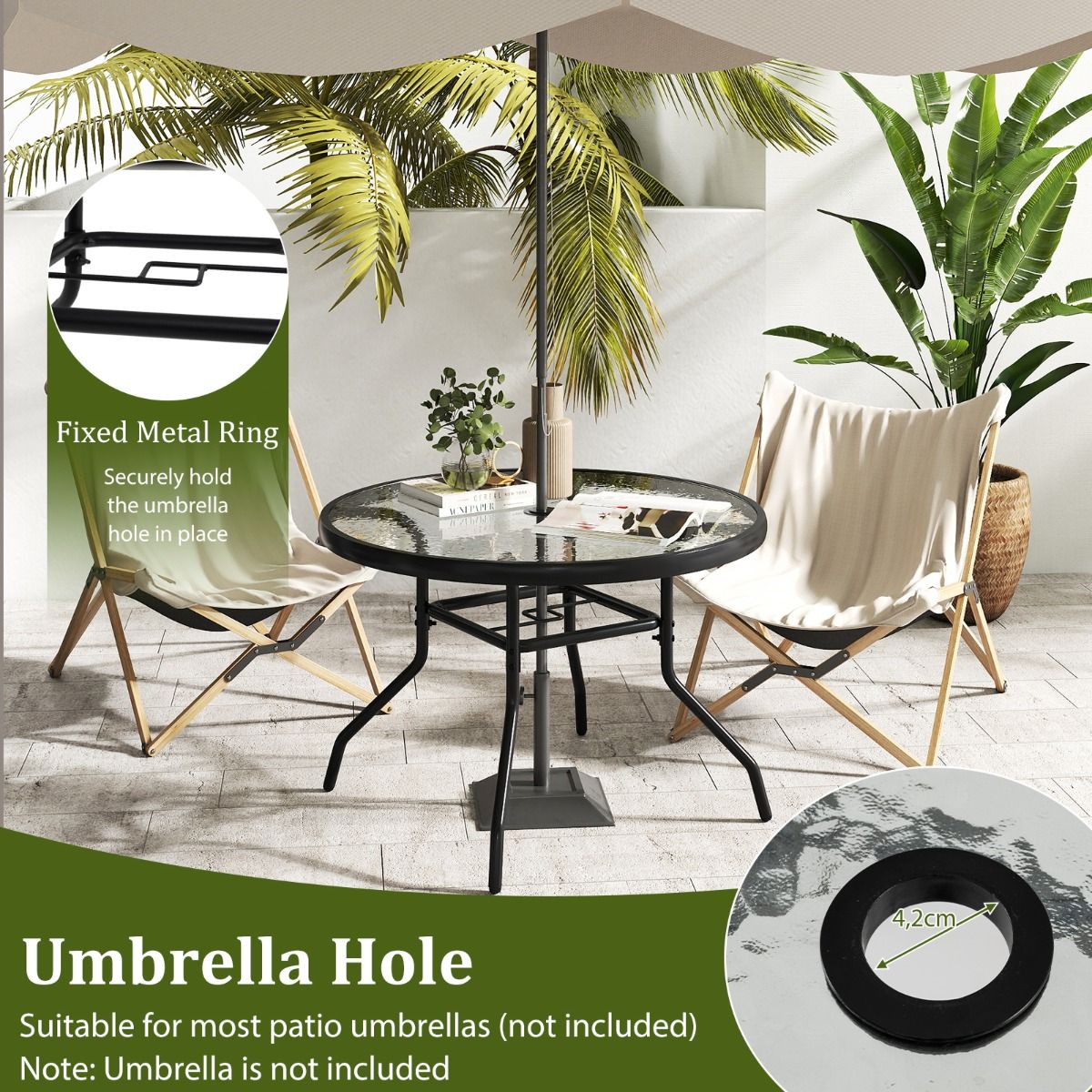 Coast Runder Beistelltisch für den Außenbereich – Tischplatte aus gehärtetem Glas – Sonnenschirmloch 4,2 cm – Schwarz 70 x 70 x 45,5 cm