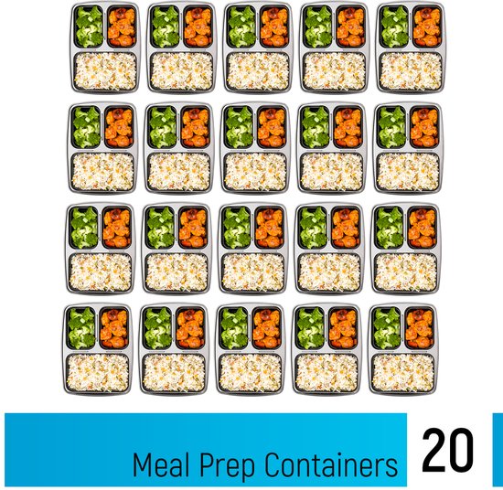 Fitcrafters Meal Prep Trays - Frischhalteschalen - Tiefkühlschalen - 20 Stück - 3 Fächer - 1L - BPA frei