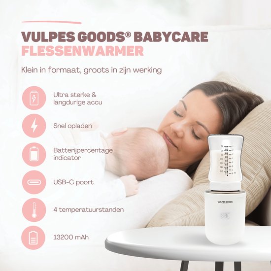 Vulpes Goods® BabyCare - Flaschenwärmer Pro - Tragbarer Babyflaschenwärmer für die Reise - Intelligenter Flaschenwärmer - 4 Temperaturstufen - Kabellos - Inklusive 6 Adapter - USB Wiederaufladbar - 13.200 mAh - Weiß