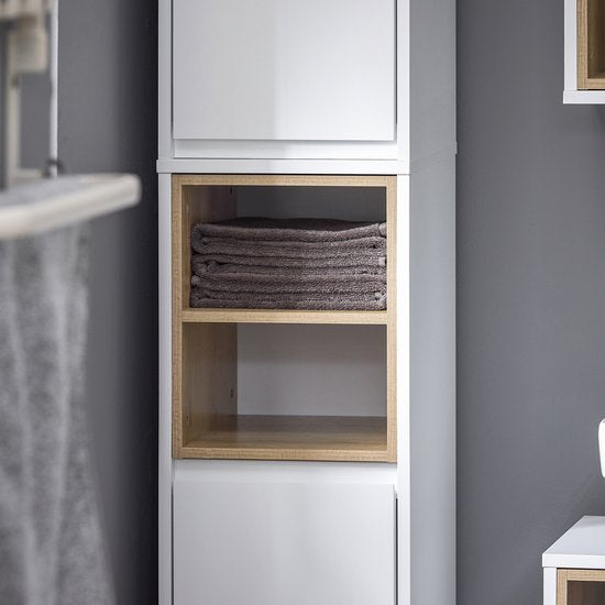 SoBuy BZR147-W Badezimmerschrank - Weißer Hochschrank mit 2 Türen & Fächern