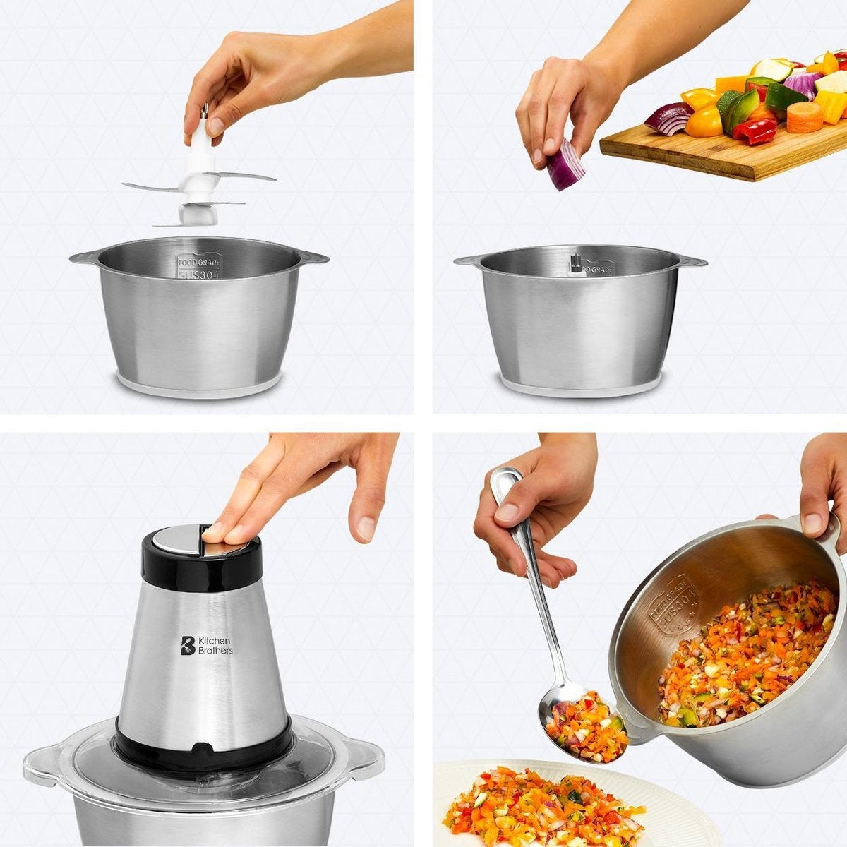 KitchenBrothers Zerkleinerer - Lebensmittelzerkleinerer - Elektrisch - 2 Geschwindigkeiten - 300 W - 1,8 L - Schüssel aus Edelstahl