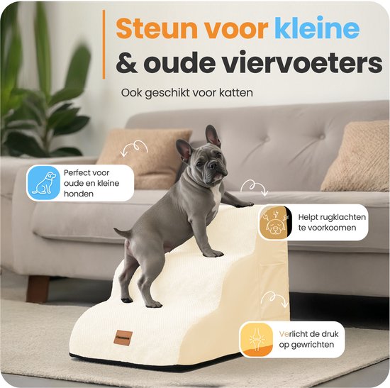 Pawesome - Hundetreppe für Hunde - Hundetreppe - 3 Stufen - 40 x 60 x 40 - extra stabil und bequem - 30D Material - Beige