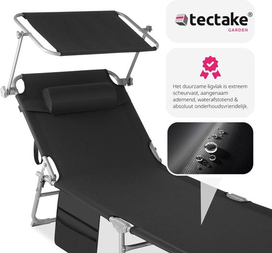 tectake Liege mit Seitentasche und abnehmbarem Kopfkissen - verstellbar - faltbar - 68 x 190 x 28 cm - Schwarz