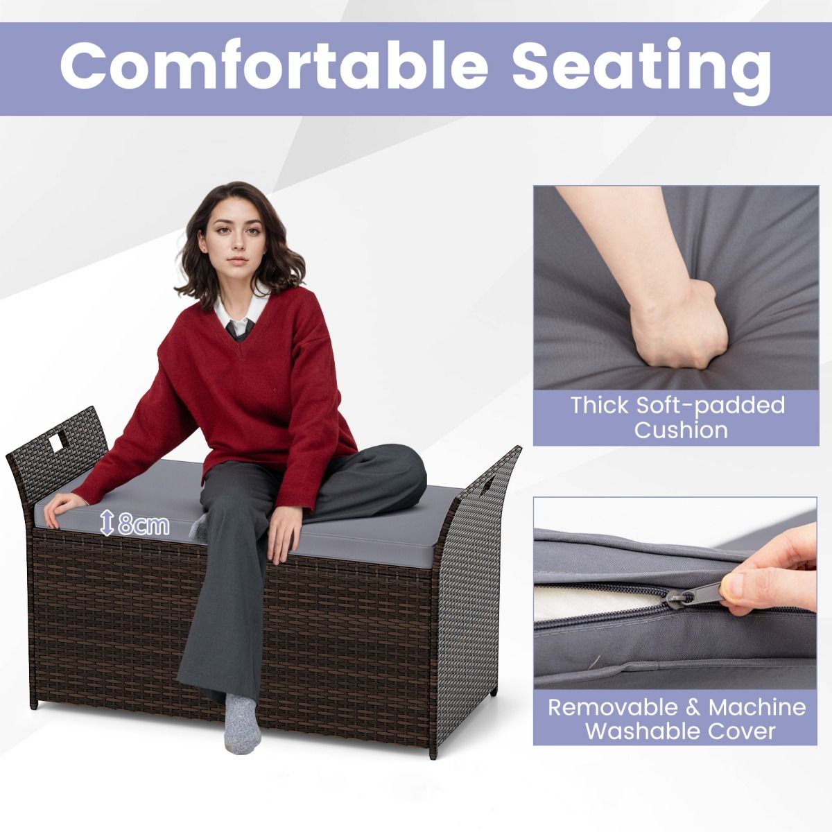 Coast PE Rattan Aufbewahrungsbox 125x56x71 cm - Rustikales Braun/Grau - 260L Aufbewahrungsbank für Innen & Außen mit Kissen