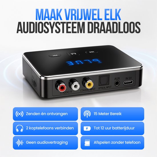 Strex Bluetooth-Sender und -Empfänger 3-in-1-Adapter – Bluetooth-Audio-Sender und -Empfänger – Bluetooth 6.0 – AUX/Cinch/Optisch – Drahtlos – 15 Meter Reichweite