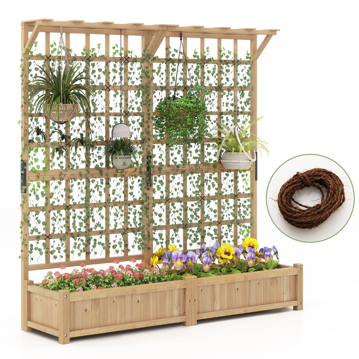 Coast Großer Pflanzkübel aus Holz mit Spalier – 2 Blumenkästen – hängendes Dach – naturfarben