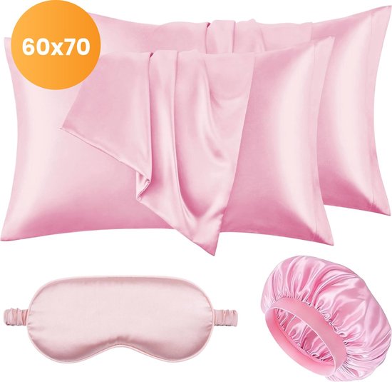 Satin-Kissenbezug-Set - Inkl. Mütze und Schlafmaske - 60x70 cm - Schlafmütze - Locken - Satin - Moerbij - Seide - Schönheit - Seide - Weich - Satin rosa - Soft & Silky