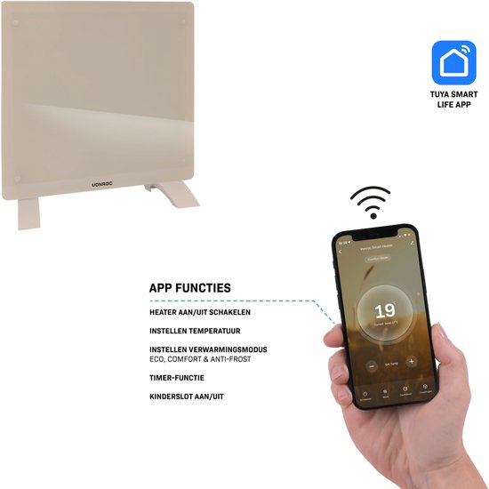 VONROC Luxury electric heater - Konvektorheizung mit Glasscheibe - 500W/1000W - Beheizt Räume bis zu 12m2 - Gesteuert sowohl mit App (über Wifi) als auch manuell - Einstellbarer Thermostat und Timer - Beige