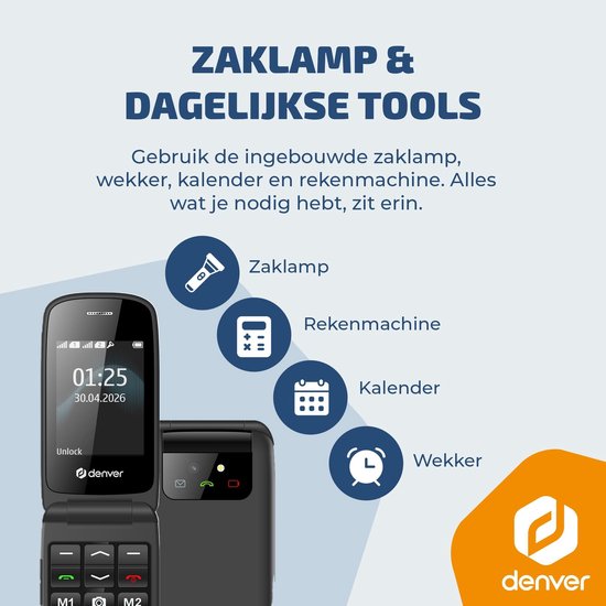 Denver Senioren-Handy 4G – Große Tasten – SOS-Taste – Ohne Smartphone aufwachsen – Ladestation – GSM – Bluetooth – FM-Radio – Vollständig auf Niederländisch und Französisch – Modell 2026 – BAS24800L