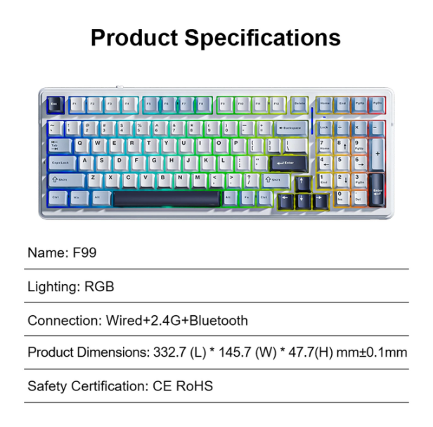 AULA F99 Kabellose mechanische RGB-Tastatur – Hellblau & Grau – 99 Tasten, Tri-Mode