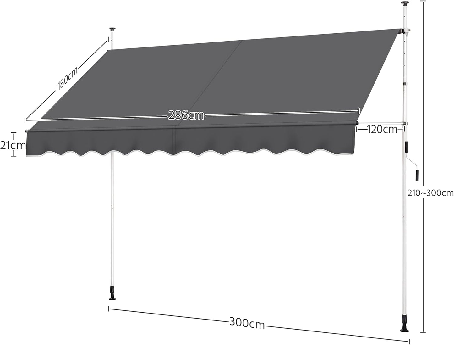 Yaheetech Sonnensegel mit Teleskoprahmen und Aufhängung – 300 x 120 cm – Höhenverstellbar 210–300 cm – UV-beständig – Grau