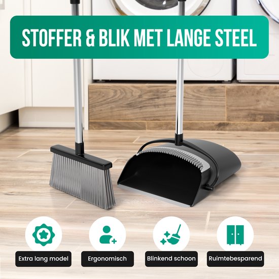 Avalo Kehrschaufel und Bürste mit langem Stiel - Verstellbar 87-127cm - Integrierte Reinigungszähne - Schwarz