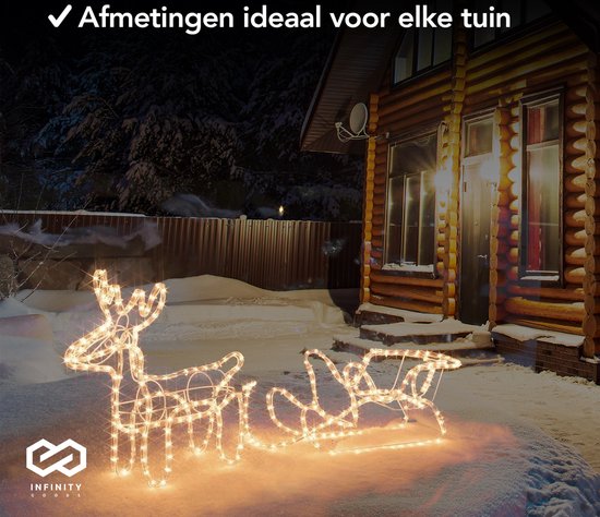 Infinity Goods Rentier mit Schlitten - Weihnachtsbeleuchtung - Outdoor Indoor LED Figur - Weihnachtsdekorationen - 3D Lichtergirlande - Weihnachten - Warm White