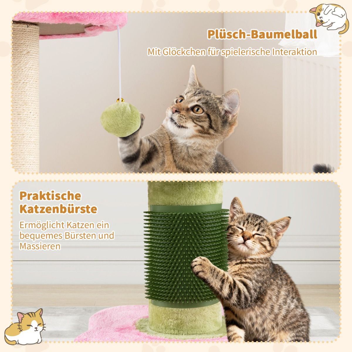 Coast Kratzbaum für Katzen – 3 Etagen – mit Plüsch-Liegefläche und Blumenplattformen – rosa – 69 cm