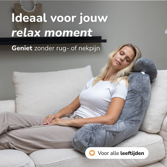 Soft & Silky Lesekissen fürs Bett - Gute Haltung - Mit 3 Ablagefächern - Für den unteren Rücken - Fürs Sofa - Grau