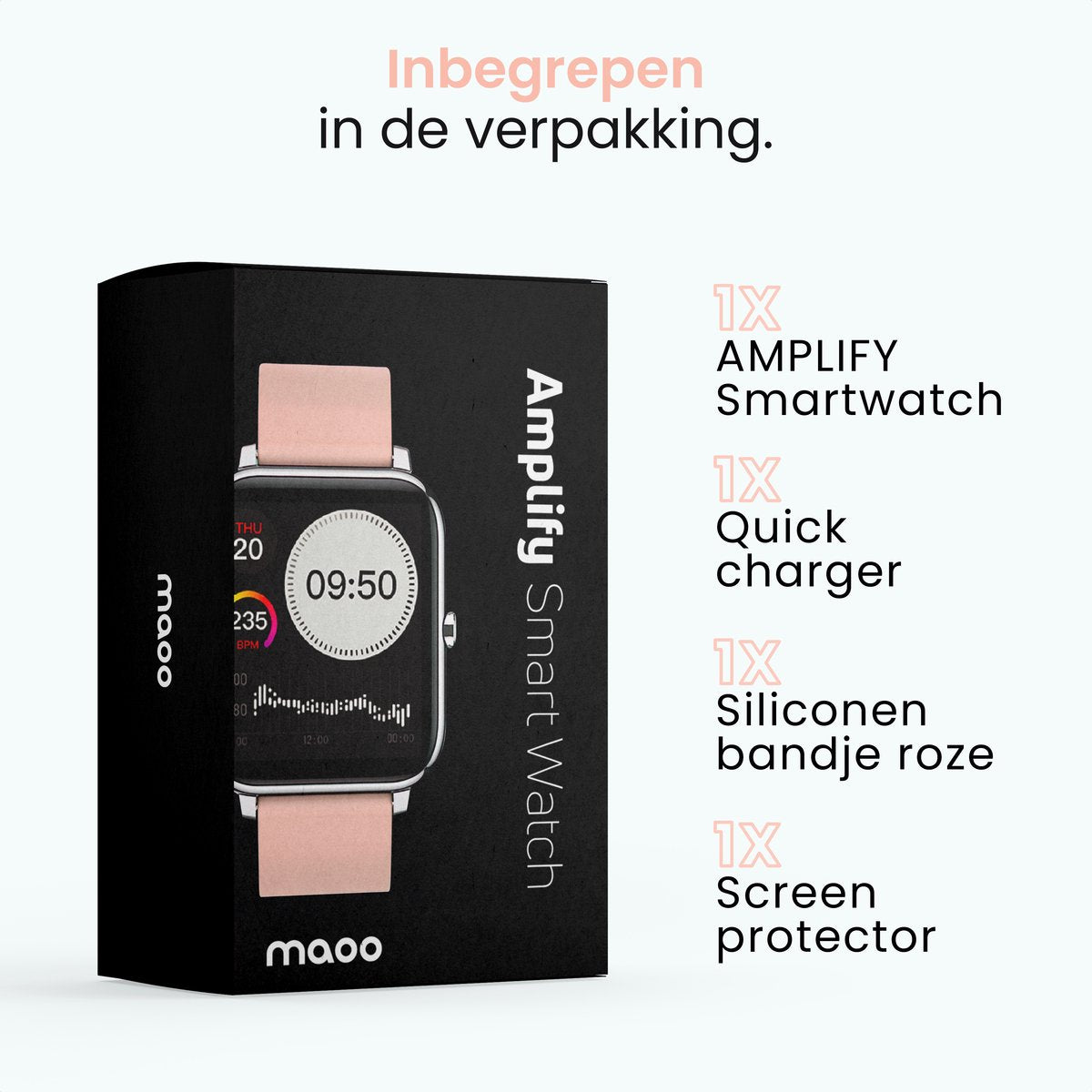 MAOO AMPLIFY Smartwatch - Inkl. Bildschirmschutz - Herzfrequenz, Blutdruck, Blutsättigung, Schlaf, Entfernung - Schrittzähler - Smartwatch Damen - Uhr - Weihnachtsgeschenk - Pink