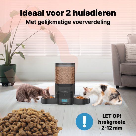 Jake and Jacky Futterautomat für Katzen und Hunde - 5 Liter - Inklusive 2 Edelstahl-Futterautomaten & 2 Langsam-Futterautomaten - Futterspender & Anti-Snack-Eimer - Futterspender - Futterautomat für Katzen & Hunde - Schwarz