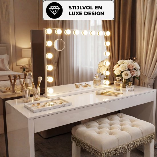 Bayt Hollywood-Spiegel – Make-up-Spiegel – Spiegel – Hollywood-Spiegel 80 x 60 – Dimmbar – 10-fache Vergrößerung – Mit Beleuchtung und Bluetooth – USB-Anschluss – 80 x 60 – Weiß