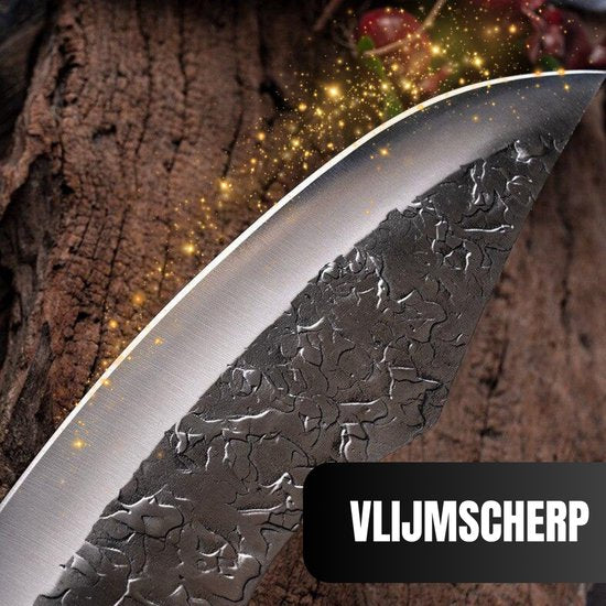 Messerset Japanische Qualität - Kochmesser und Hackmesser Premium - 3-teiliges Messerset mit Damastdruck - Eichenholzgriff poliert