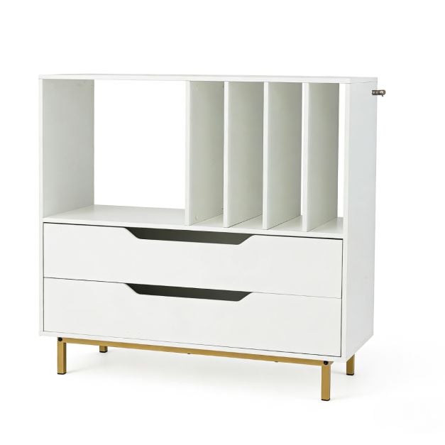 Coast Plattenspieler-Möbel Weiß - Retro-Vinylschrank mit 4 Plattenfächern und 2 Schubladen - 91 x 36 x 87 cm