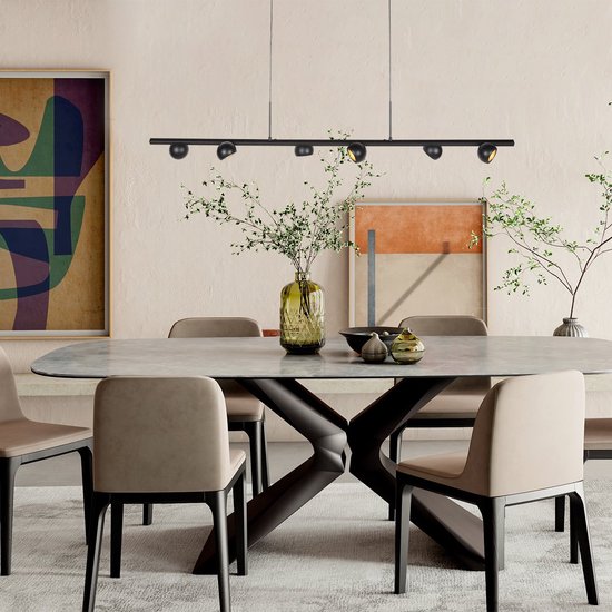 Schwarze Hängeleuchte Marcadore, 120 cm breit, 6-flammig, mit drehbaren Reflektorkugeln, höhenverstellbar, von Steinhauer, aus Kunststoff und Metall, im modernen Retro-Stil, für den Innenbereich