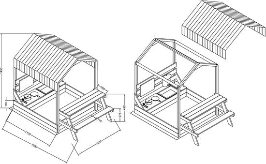 AXI Bo Sandkasten & Spielhaus 159 x 105 cm mit Spielküche und Picknicktisch, braun – FSC-Holz – Mit Kreidetafel und 6-teiligem Sandkasten-Zubehörset – Inklusive Abdeckplane und Bodenvlies – 10 Jahre Garantie