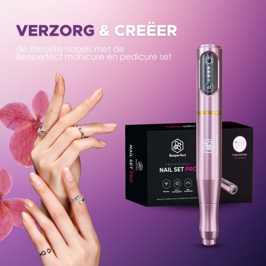 Beeperfect® Cordless Nail File Pro - Nagelfräse - Maniküre- und Pediküreset - Wiederaufladbare Nagelfeile - 25 Bits und 66 Schleifrollen - Pink