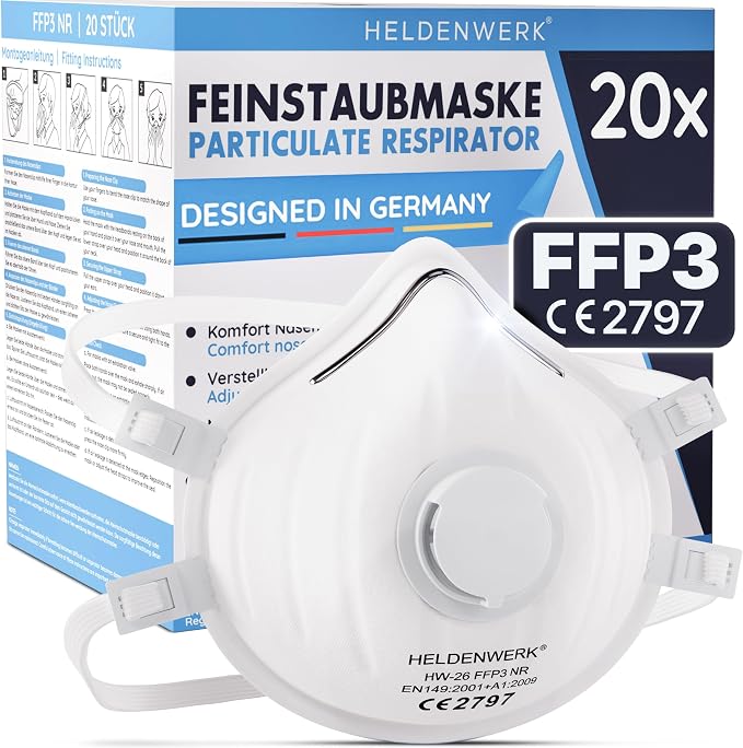 Heldenwerk FFP3-Staubmaske mit Ventil – 20er-Pack – Feinstaubmaske mit verstellbarem Kopfband