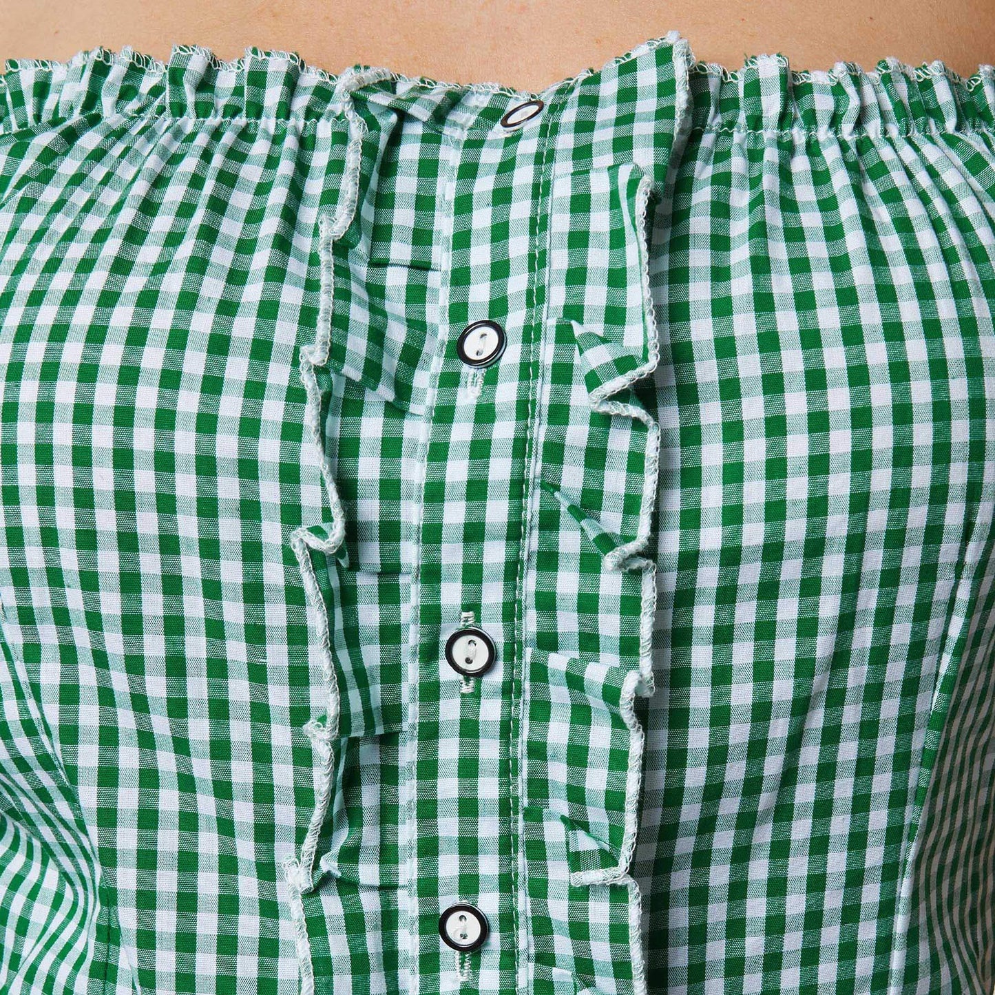 Dressforfun Ina – traditionelle Bluse 900620 – grün-weiß kariert – Carmen-Ausschnitt – kurze Ärmel