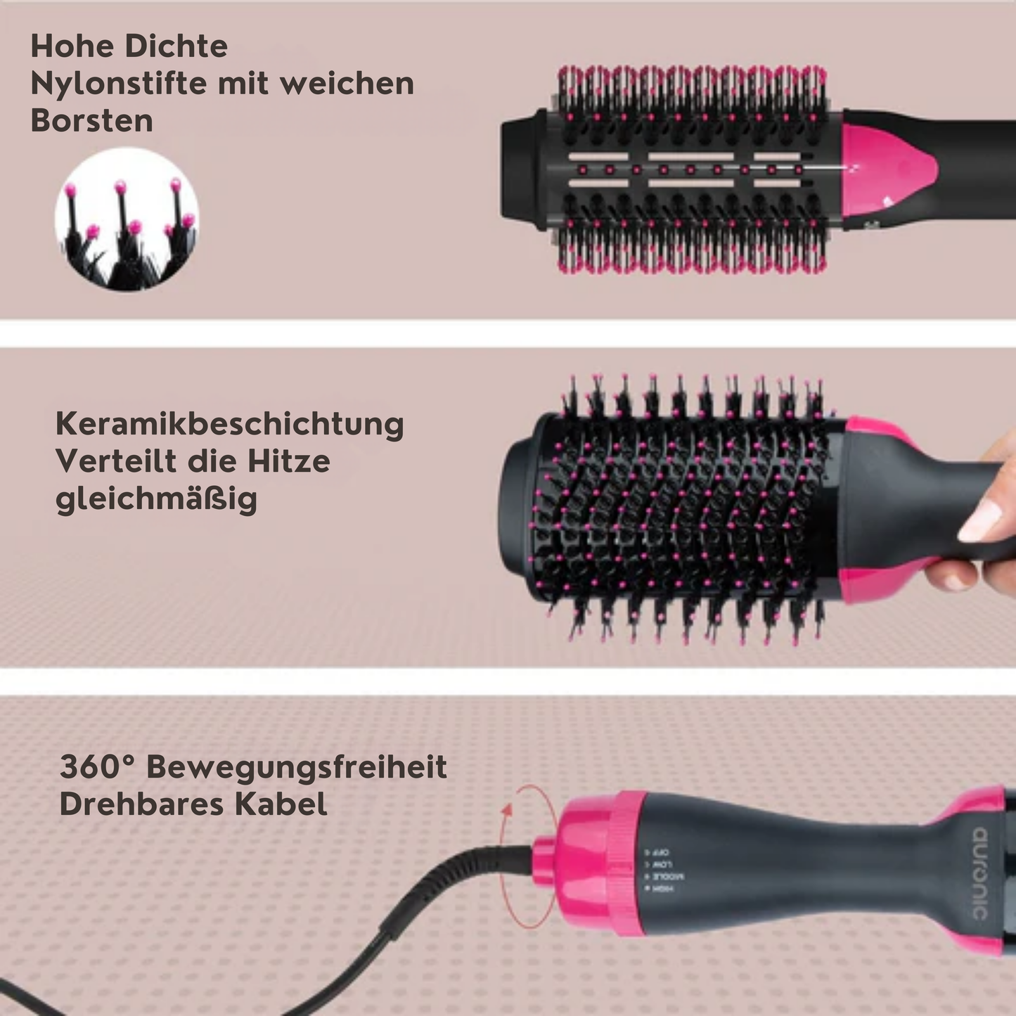 Auronic 3-in-1 Haartrocknerbürste - Rund - Lang/Kurz/Style/Locken - Schwarz/Pink